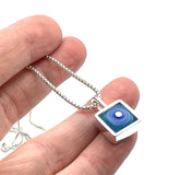 Tiny Framed Square Necklace in Blue Glass and Sterling Silver
