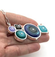 Circles and Squares Necklace in Violet, Gray, Turquoise, and Blue Glass and Sterling Silver