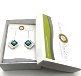 Offset Diamond Shaped Dangle Earrings with Mint, Turquoise, and Blue Glass and Sterling Silver