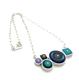 Circles and Squares Necklace in Violet, Gray, Turquoise, and Blue Glass and Sterling Silver