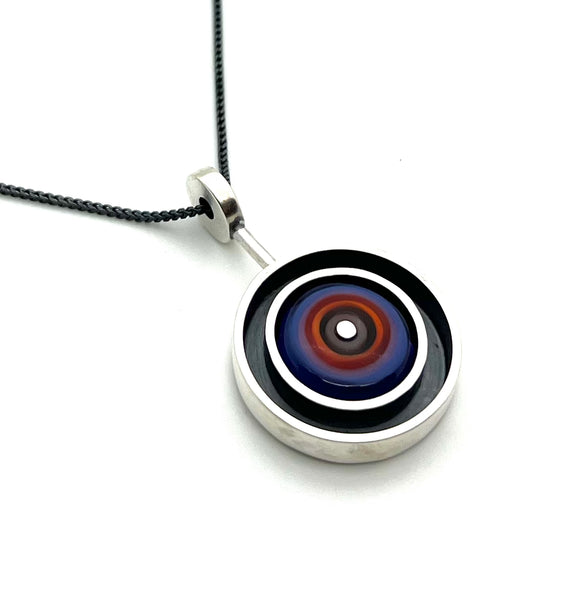 Circle in Circle Necklace Violet/Lavender, Red/Orange, and Gray Glass and Oxidized Sterling Silver