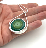 Large Modern Raindrop Necklace in Mint Green, Green, and Teal Glass and Sterling Silver