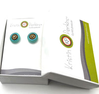 Circle Stud Earrings Large Taupe and Pale Green Glass and Sterling Silver