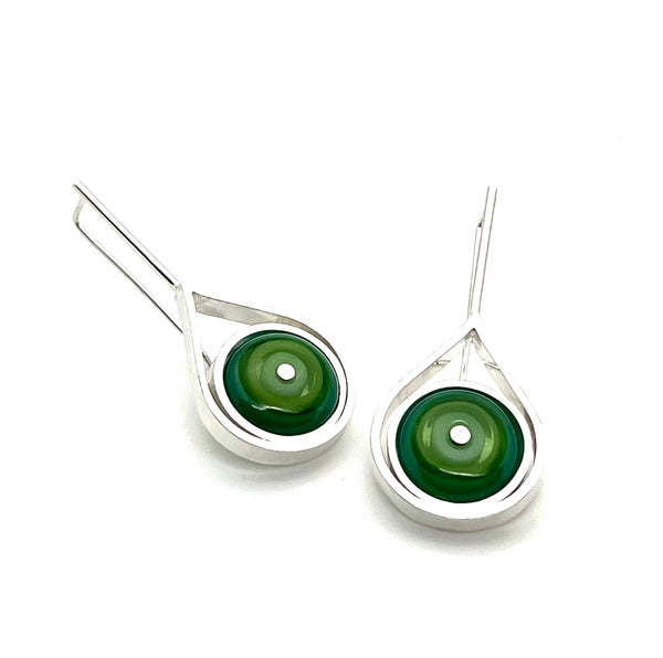 Modern Raindrop Earrings in Mint, Green, and Teal Glass and Sterling Silver
