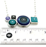 Circles and Squares Necklace in Violet, Gray, Turquoise, and Blue Glass and Sterling Silver