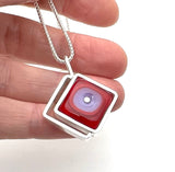 Offset Diamond Shaped Drop Necklace in Lavender and Red Glass and Sterling Silver