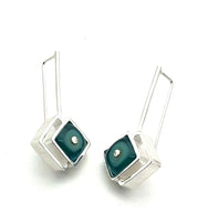Offset Diamond Shaped Dangle Earrings with Mint, Turquoise, and Blue Glass and Sterling Silver