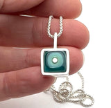 Tiny Framed Square Necklace in Mint and Blue Glass and Sterling Silver