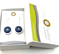 Framed Circle Earrings in Turquoise, Gray, and Violet Glass and Sterling Silver