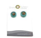 Circle Stud Earrings Large Taupe and Pale Green Glass and Sterling Silver
