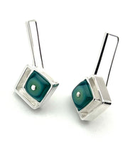 Offset Diamond Shaped Dangle Earrings with Mint, Turquoise, and Blue Glass and Sterling Silver