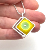 Offset Diamond Shaped Drop Necklace in Mint and Yellow Glass and Sterling Silver