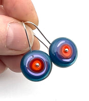 Medium Dangle Earrings in Orange, Lavender, and steel Blue Glass and Sterling Silver