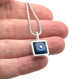 Tiny Framed Square Necklace in Dark Blue Glass and Sterling Silver