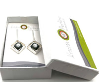 Offset Square Dangle Earrings with White and Gray Glass and Sterling Silver