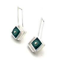 Offset Diamond Shaped Dangle Earrings with Mint, Turquoise, and Blue Glass and Sterling Silver