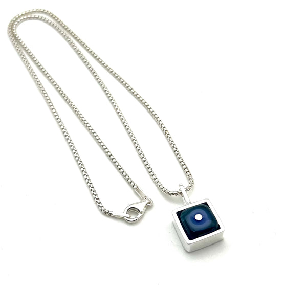 Tiny Framed Square Necklace in Dark Blue Glass and Sterling Silver