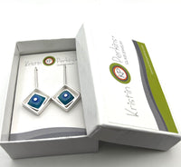 Offset Square Dangle Earrings with Blue and Turquoise Glass and Sterling Silver
