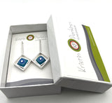 Offset Square Dangle Earrings with Blue and Turquoise Glass and Sterling Silver