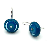 Short Circle Earrings in Turquoise, Blue, and Steel Blue Glass and Sterling Silver