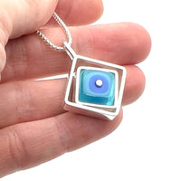 Offset Square Necklace in Blue and Turquoise Aqua Glass and Sterling Silver