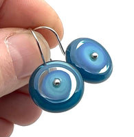 Short Circle Earrings in Turquoise, Blue, and Steel Blue Glass and Sterling Silver