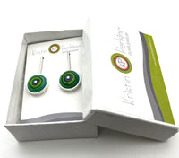 Drop Earrings - Circle Framed Sterling Silver and Blue, Green, and Turquoise Glass