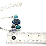 Circles and Squares Necklace in Violet, Gray, Turquoise, and Blue Glass and Sterling Silver