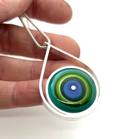 Modern Raindrop Necklace in Blue, Green, and Turquoise Glass and Sterling Silver