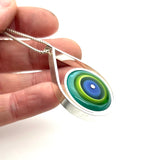 Modern Raindrop Necklace in Blue, Green, and Turquoise Glass and Sterling Silver