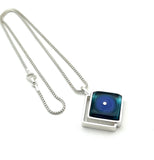 Offset Diamond Shaped Drop Necklace in Dark Blue Glass and Sterling Silver