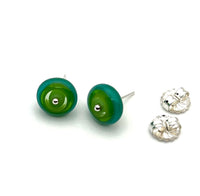 Circle Stud Earrings in Greens and Teal Glass and Sterling Silver