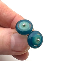 Circle Stud Earrings in Mint Green, Turquoise, and Steel Blue Glass and Sterling Silver