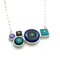 Circles and Squares Necklace in Violet, Gray, Turquoise, and Blue Glass and Sterling Silver