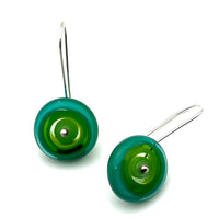 Dangle Earrings in Greens and Teal Glass and Sterling Silver