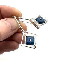 Offset Square Dangle Earrings with Blue and Steel Blue Glass and Sterling Silver