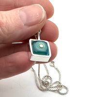 Tiny Framed Square Necklace in Mint and Blue Glass and Sterling Silver