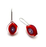 Leaf Dangle Earrings in Red and Lavender Glass and Sterling Silver