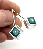 Offset Diamond Shaped Dangle Earrings with Mint, Turquoise, and Blue Glass and Sterling Silver
