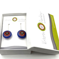 Medium Circle Earrings in Red/Orange, Gray, and Lavender/Violet Glass and Sterling Silver