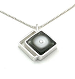 Offset Diamond Shaped Drop Necklace in Gray and White Glass and Sterling Silver