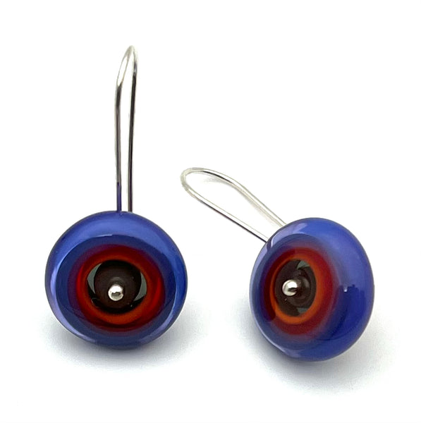 Medium Circle Earrings in Red/Orange, Gray, and Lavender/Violet Glass and Sterling Silver