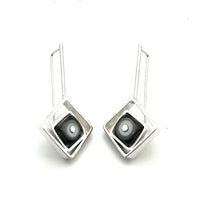 Offset Square Dangle Earrings with White and Gray Glass and Sterling Silver