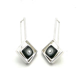 Offset Square Dangle Earrings with White and Gray Glass and Sterling Silver
