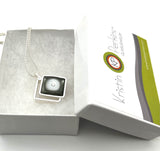 Offset Diamond Shaped Drop Necklace in Gray and White Glass and Sterling Silver