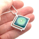 Offset Diamond Shaped Drop Necklace in Mint and Blue Glass and Sterling Silver