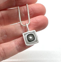 Tiny Framed Square Necklace in White and Gray Glass and Sterling Silver
