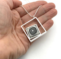 Large Offset Square Necklace in Gray and White Glass and Sterling Silver