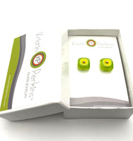 Large Square Stud Earrings in Green and Yellow Glass and Sterling Silver