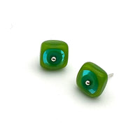 Large Square Stud Earrings in Teal and Green Glass and Sterling Silver